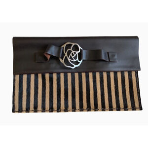 Stripe Calf Hair And Leather Fold Over Clutch Spain Front Handle
